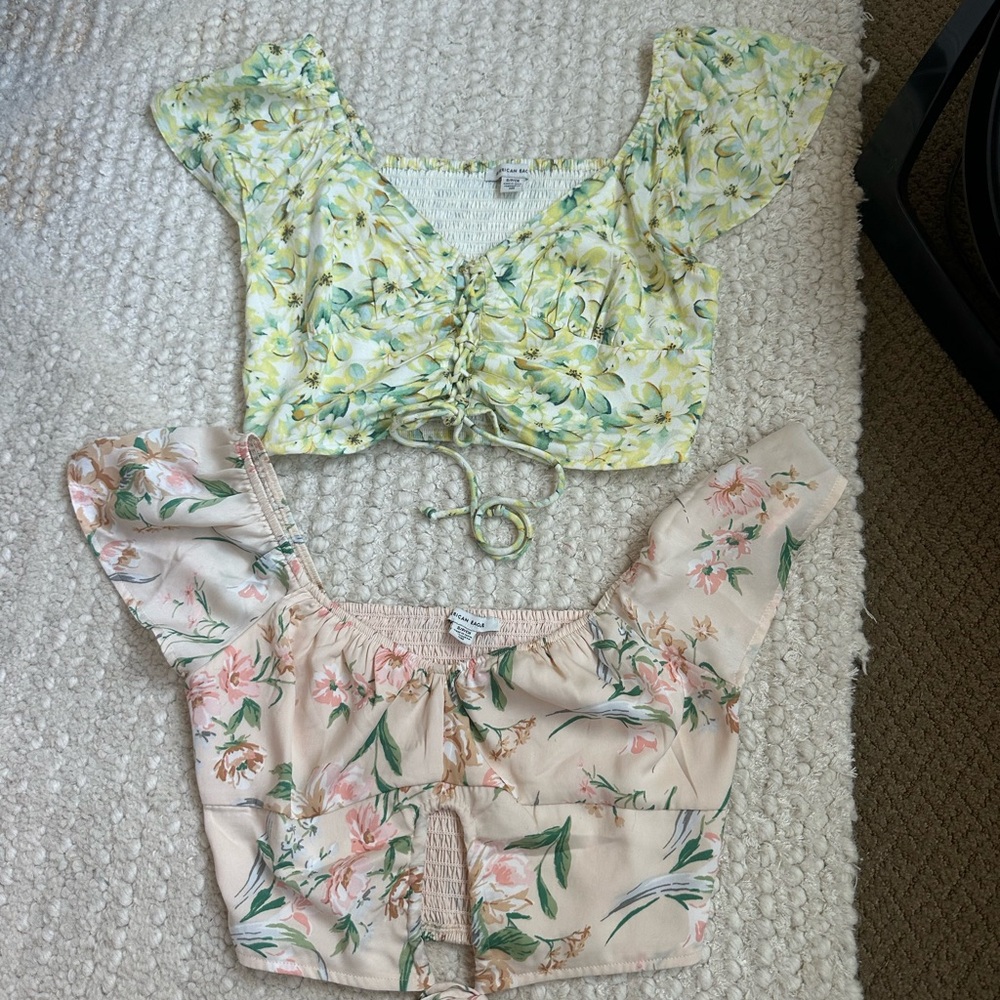 American Eagle Outfitters Floral Crop Tops - Yellow and Cream